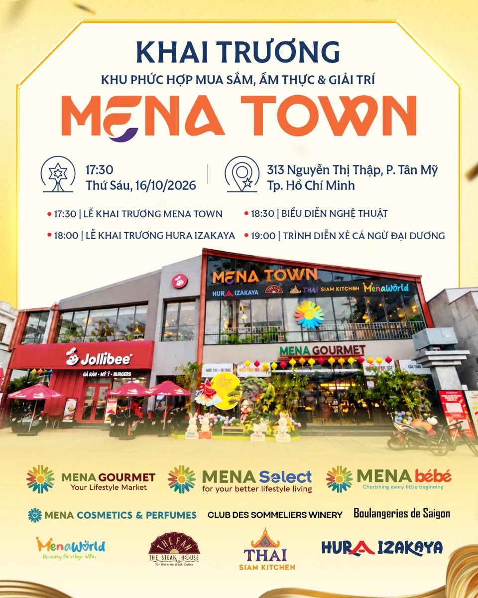 Mena Town Nguyễn Thị Thập opening poster with 16 October schedule and exact address