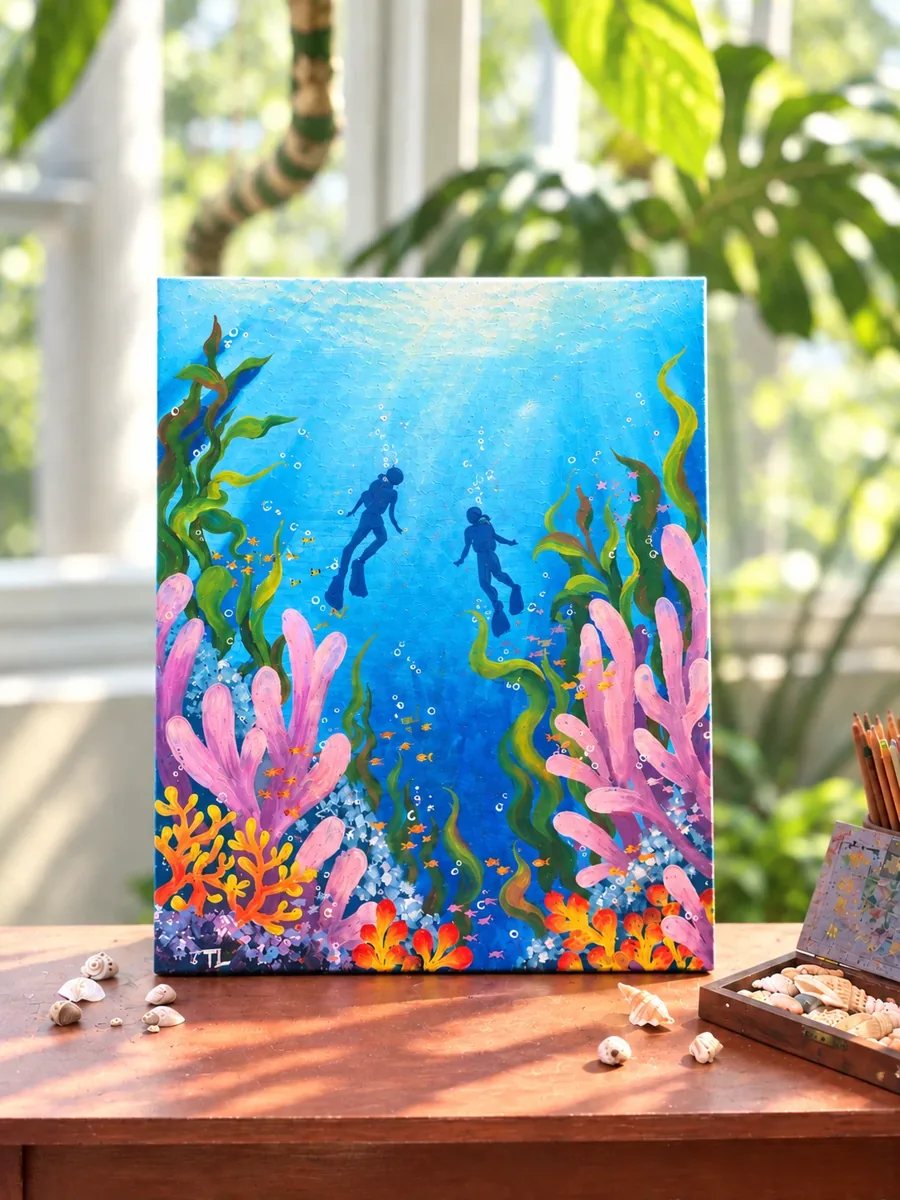 Painting for Vạn dặm dưới đáy biển acrylic painting workshop: two divers amid coral in an underwater scene