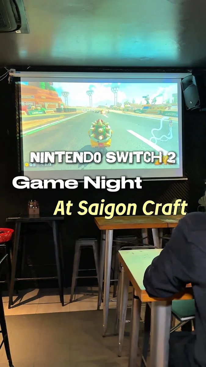 Video frame showing Nintendo Switch 2 multiplayer game night at Saigon Craft.