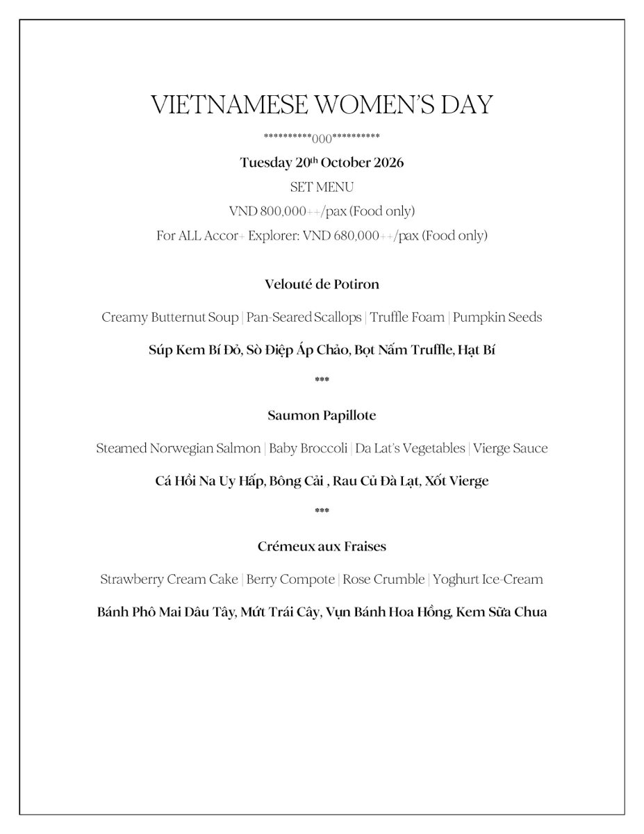 Official Le 17 Bistro Vietnamese Women’s Day menu dated Tuesday 20 October 2026, showing the three-course meal and standard and ALL Accor+ Explorer food-only prices.