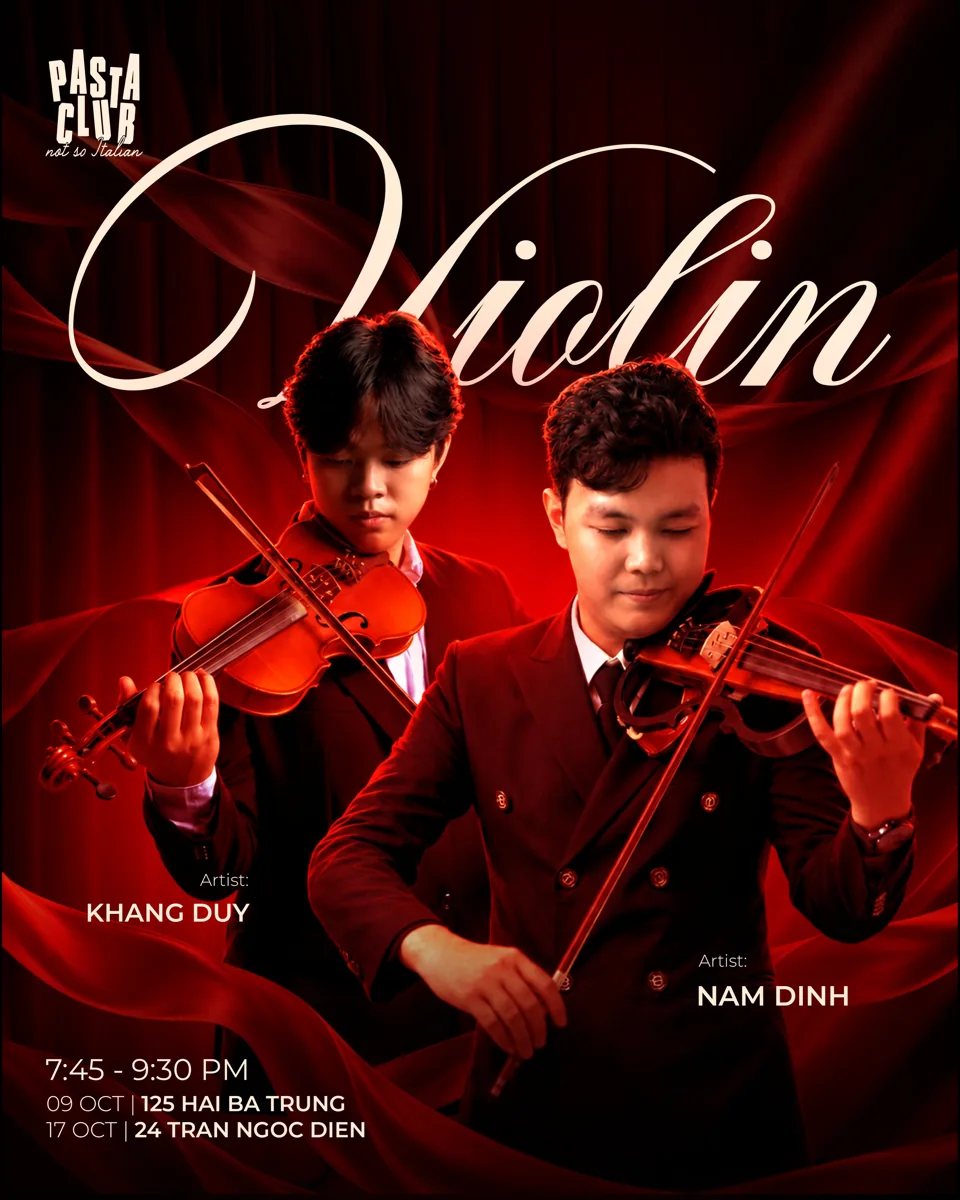 Organizer promotional poster including Live Violin at Pasta Club D2 — 17 October.