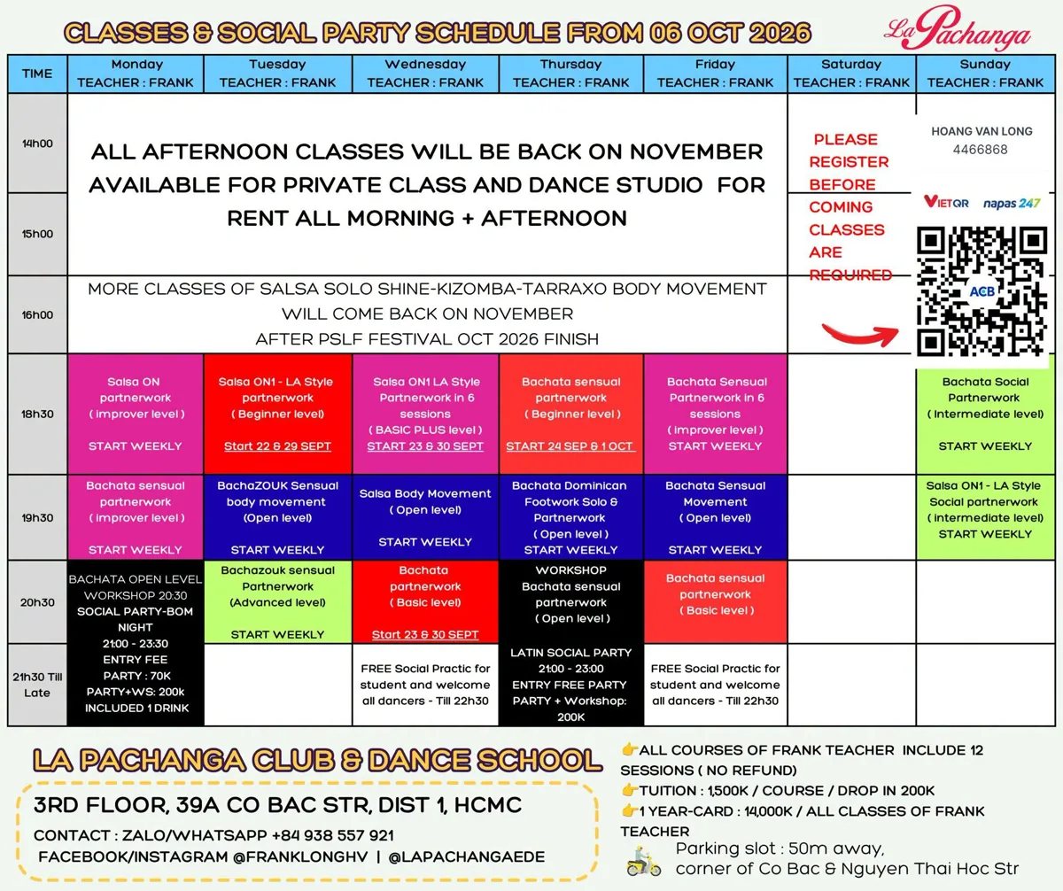 La Pachanga Club weekly classes and social party schedule from 6 Oct 2026, with Monday BOM Night and Thursday Latin Social Party