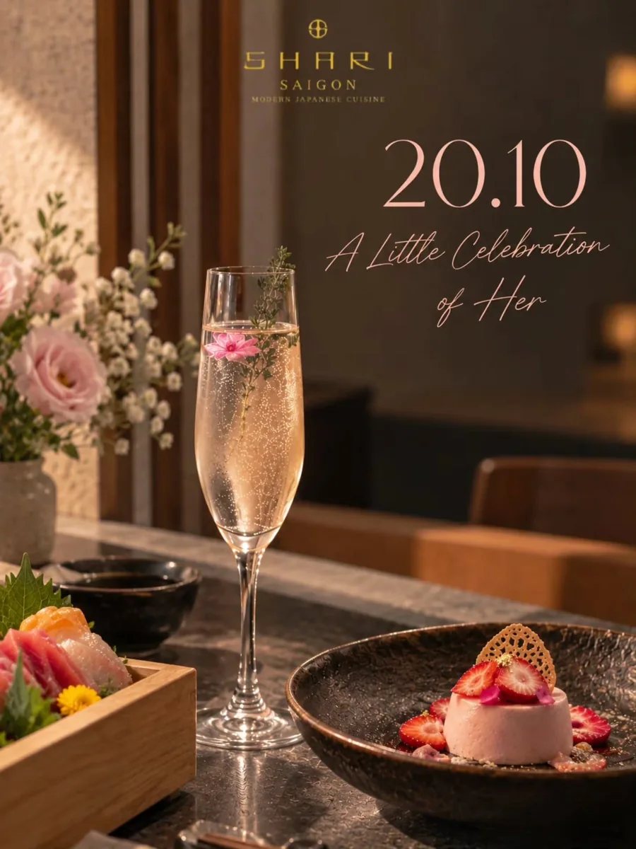 SHARI SAIGON Women's Day poster: 20.10 A Little Celebration of Her, showing sparkling wine and dessert