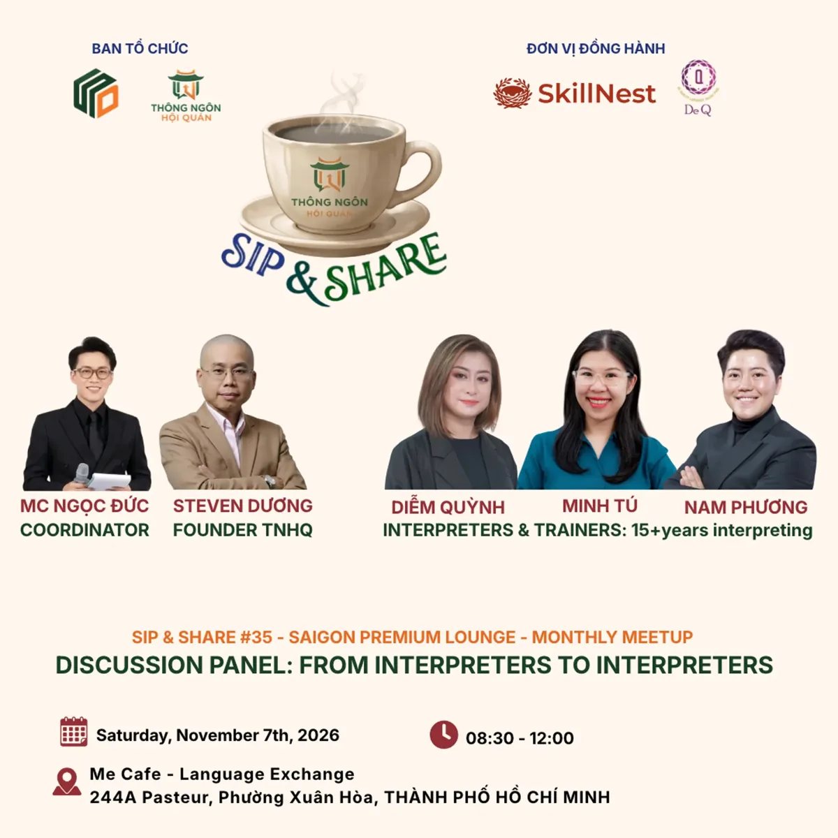 SIP & SHARE Saigon #35 poster with panelists, 7 November 2026 date, time and Me Cafe address.