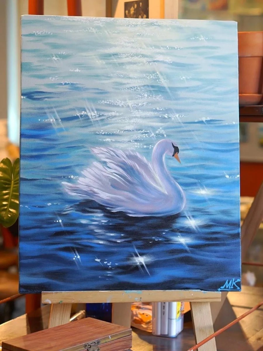 Swan painting displayed as the workshop artwork