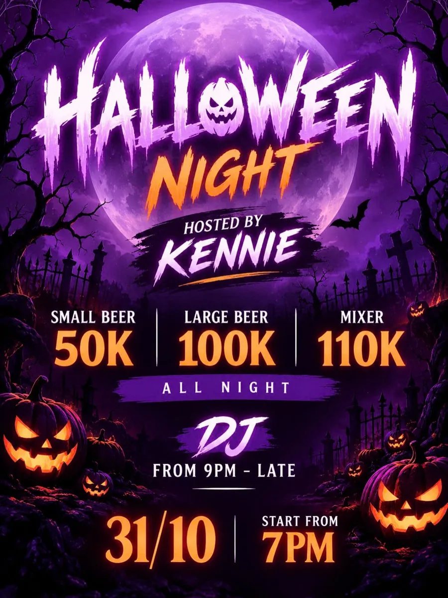 Halloween Night poster showing pumpkins, spooky graveyard background, hosted by Kennie. Date 31/10 from 7PM, DJ from 9PM. Beer from 50K.