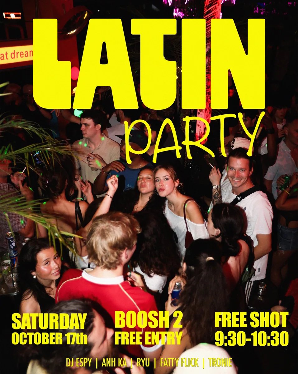 Latin Party at Boosh 2, Saturday October 17; free entry and free shot 9:30–10:30