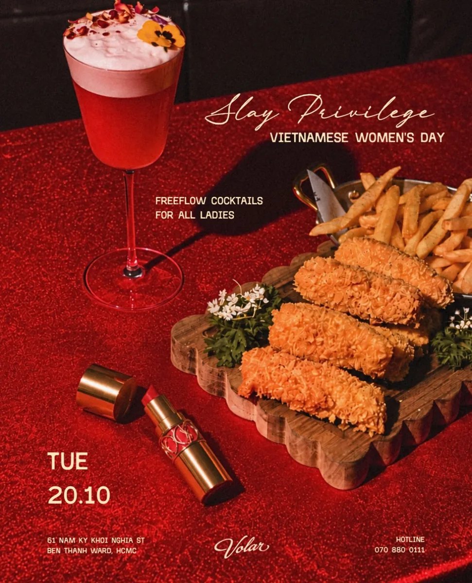 Vietnamese Women’s Day poster advertising free-flow cocktails for women on Tuesday 20 October at Volar.