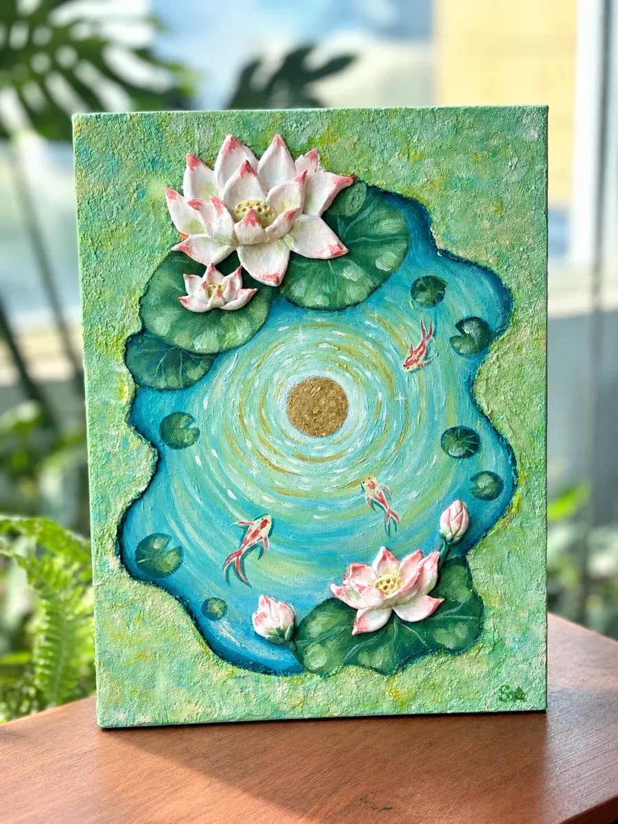 Finished textured lotus pond painting on canvas