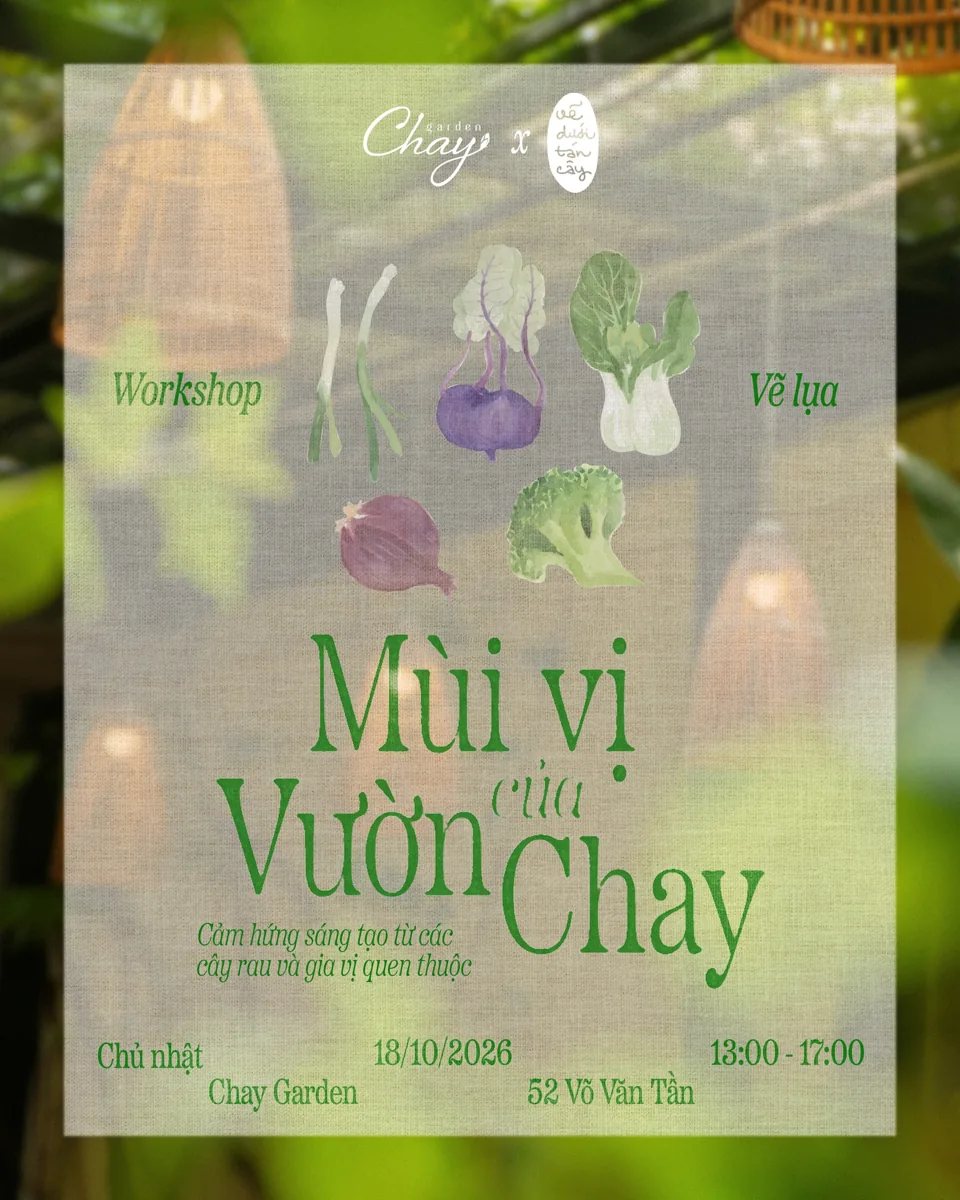 Silk painting workshop poster with 18 October 2026, 13:00–17:00, at 52 Võ Văn Tần