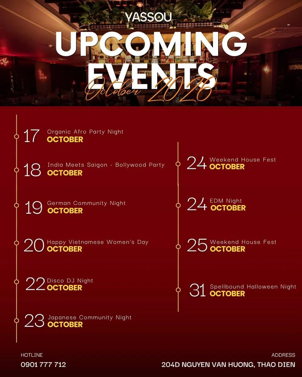 Yassou Upcoming Events October 2026 poster listing the venue's programme: 17 Organic Afro Party Night, 18 India Meets Saigon Bollywood Party, 19 German Community Night, 20 Happy Vietnamese Women's Day, 22 Disco DJ Night, 23 Japanese Community Night, 24 Weekend House Fest and EDM Night, 25 Weekend House Fest, 31 Spellbound Halloween Night