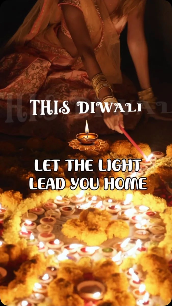 Diwali lamps and marigolds with text 'This Diwali, let the light lead you home' (reel cover)