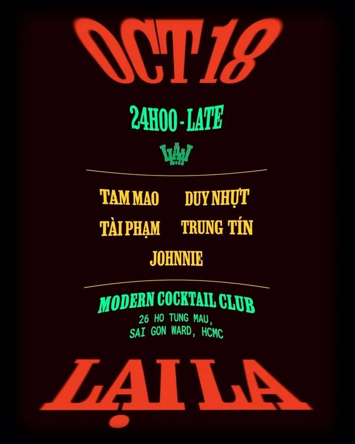 Lại La Industry Charity Night poster listing 18 October, 24:00–late, five guest bartenders and the club address.