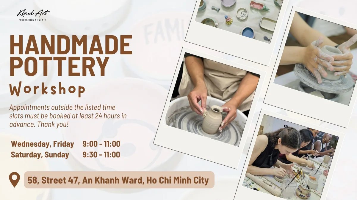 Handmade Pottery Workshop poster with schedule and An Khanh address