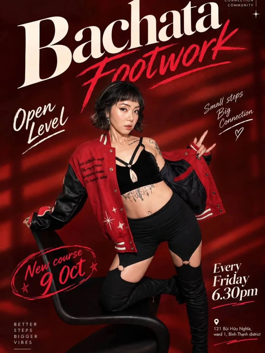 Bachata Footwork Open Level poster – new course 9 Oct, every Friday 6.30PM, 121 Bui Huu Nghia Ward 1 Binh Thanh district