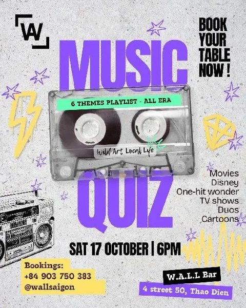 Original announcement artwork for Music Quiz at W.A.L.L Bar