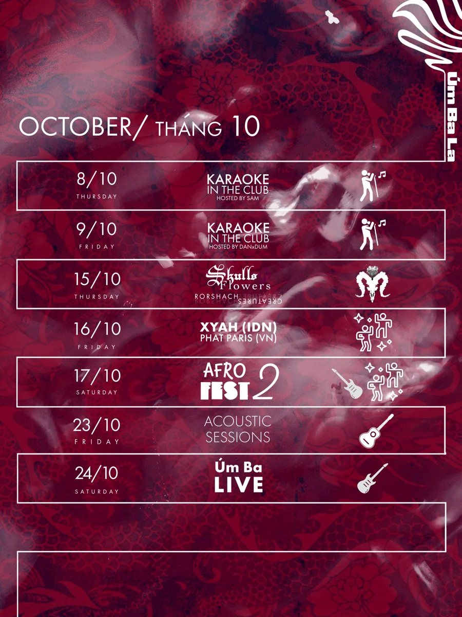 Um Ba La October 2026 programme poster listing Xyah and Phat Paris, Afro Fest 2, Acoustic Sessions and Um Ba Live