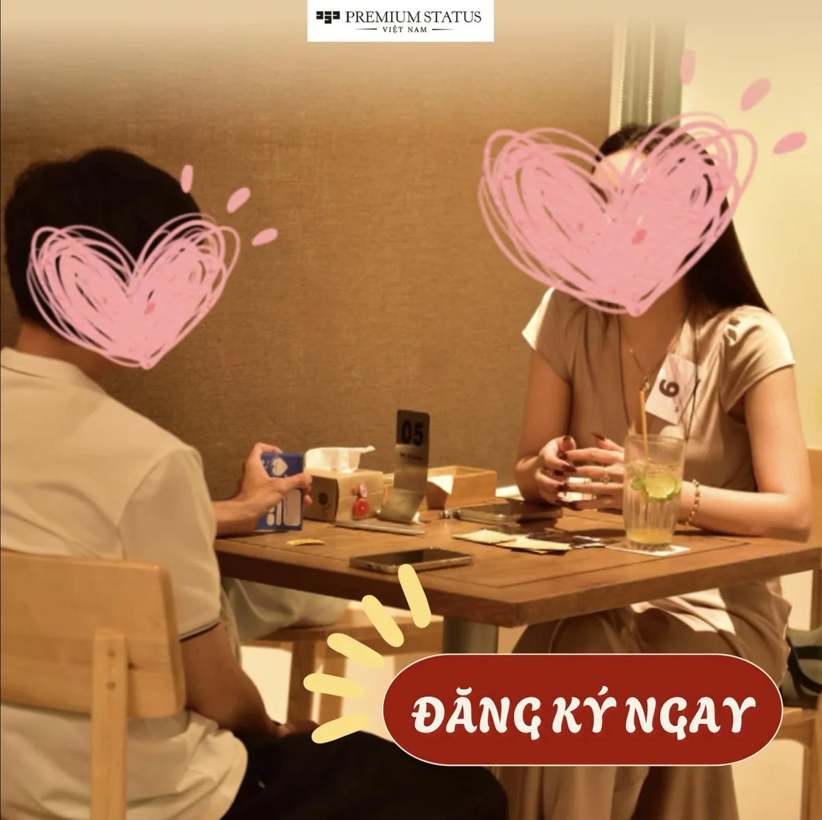 PREMIUM STATUS Vietnam promotional image showing a seated one-on-one singles conversation; illustrative image for the 31 October Sharaku party.