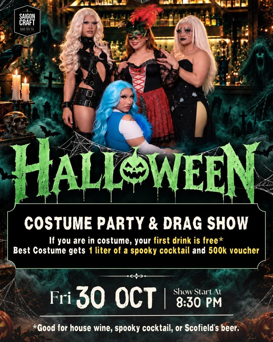 Halloween costume party and drag show poster with Friday October 30 date and 8:30pm show time.