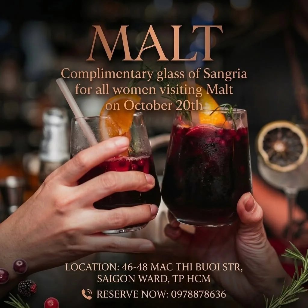 Malt poster: complimentary glass of Sangria for all women on October 20th