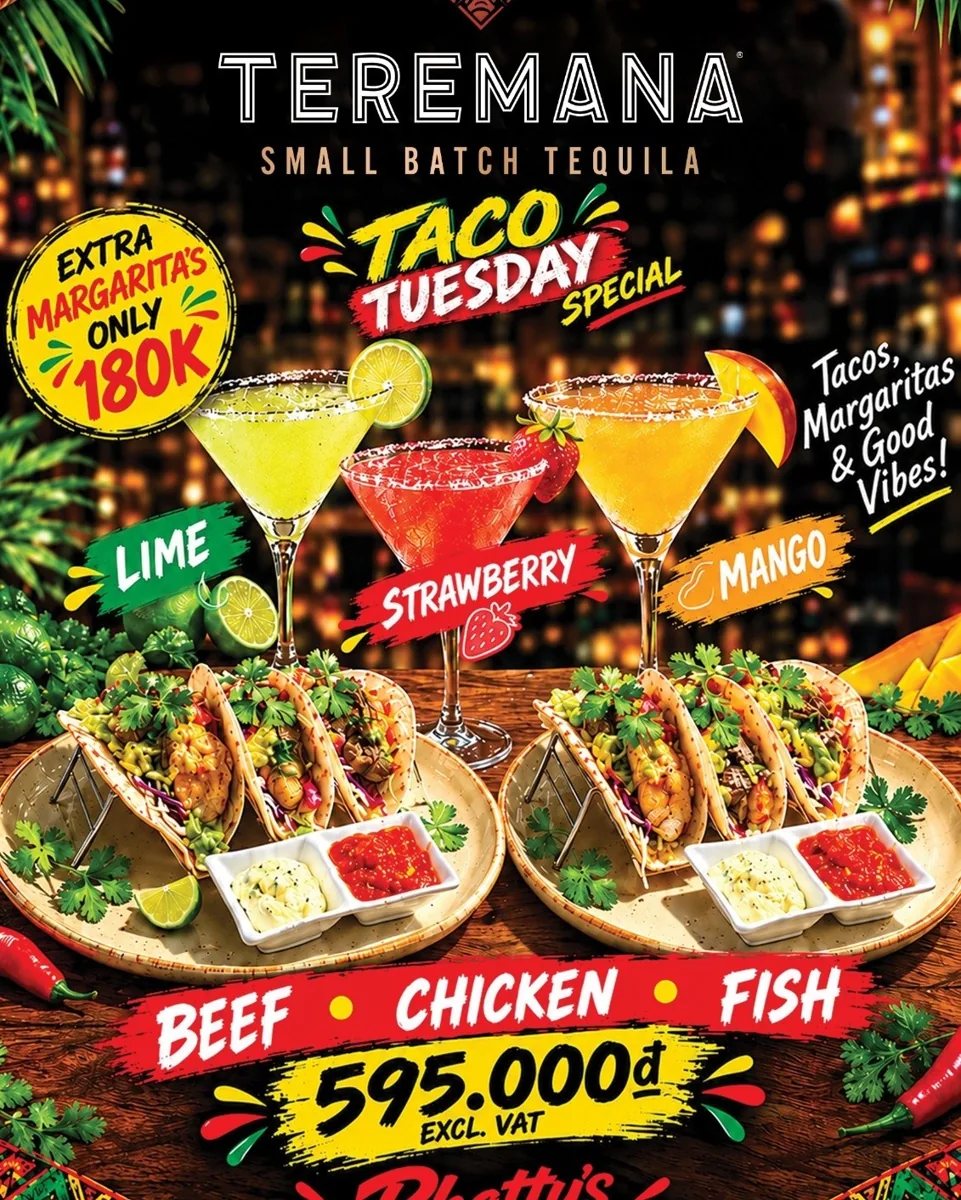 Phatty’s sports schedule or special poster for Taco Tuesday with Teremana at Phatty’s