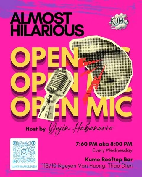Almost Hilarious open mic poster: Wednesdays 8 PM at Kumo Rooftop Bar, hosted by Yujin Habanerro