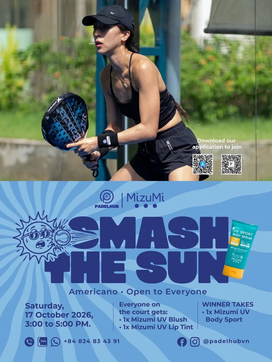 Official MizuMi x PadelHub poster for Smash the Sun Americano on 17 October 2026, 3:00–5:00 PM.