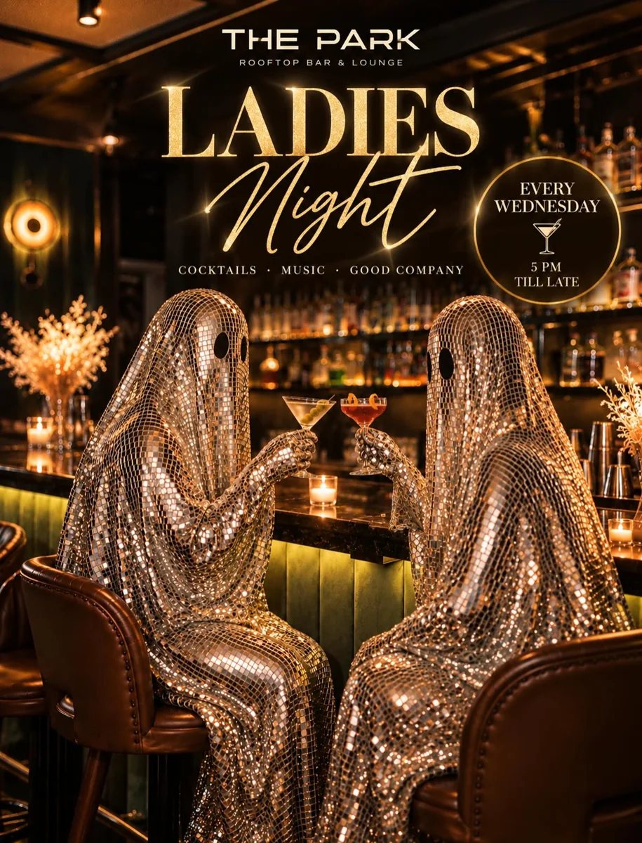 Halloween-themed Ladies Night poster for The Park Rooftop showing two sequined ghost figures at the bar. Text: Ladies Night, Every Wednesday, Cocktails · Music · Good Company, 5 PM Till Late, The Park Rooftop Bar & Lounge.