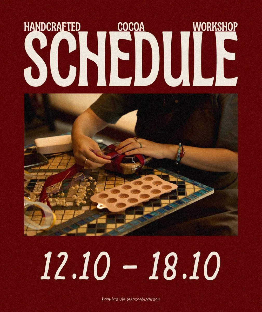 XOCOATI Handcrafted Cocoa Workshop schedule for 12–18 October 2026, with a photograph of cacao making.