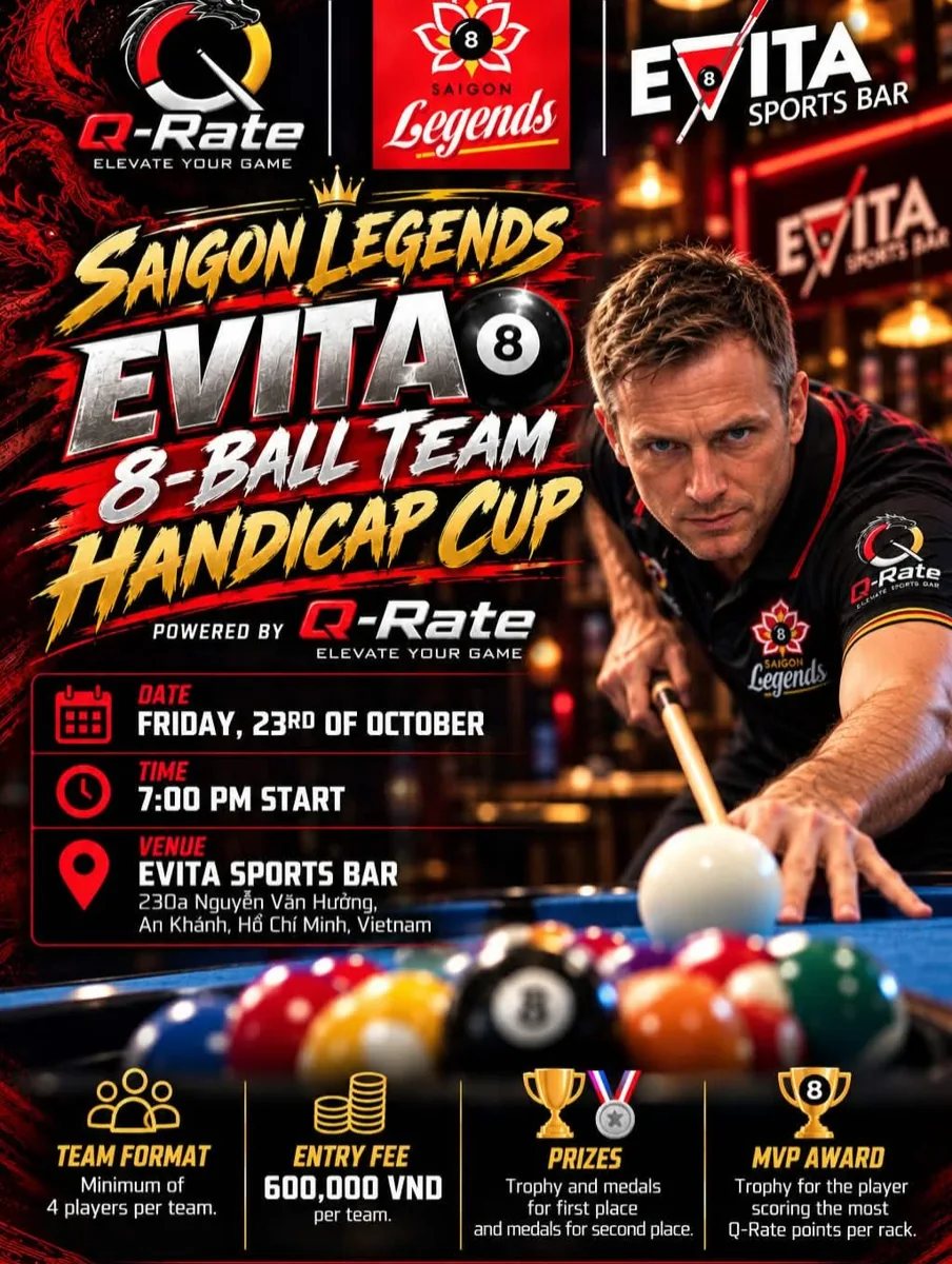 Saigon Legends Evita 8-ball Team Handicap Cup poster with 23 October date, 7pm start and team entry information.
