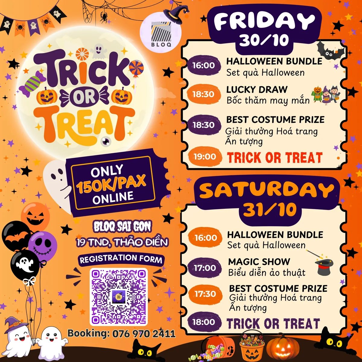 BLOQ Halloween event poster with Saturday 31 October timed programme and bundle price.