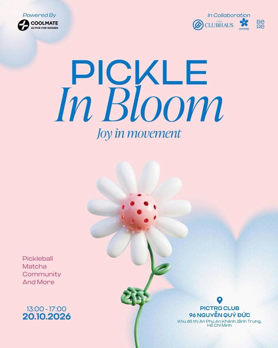 Pickle In Bloom poster with pickleball and matcha, 20 October 2026, 13:00–17:00 at Pictro Club, 96 Nguyễn Quý Đức.