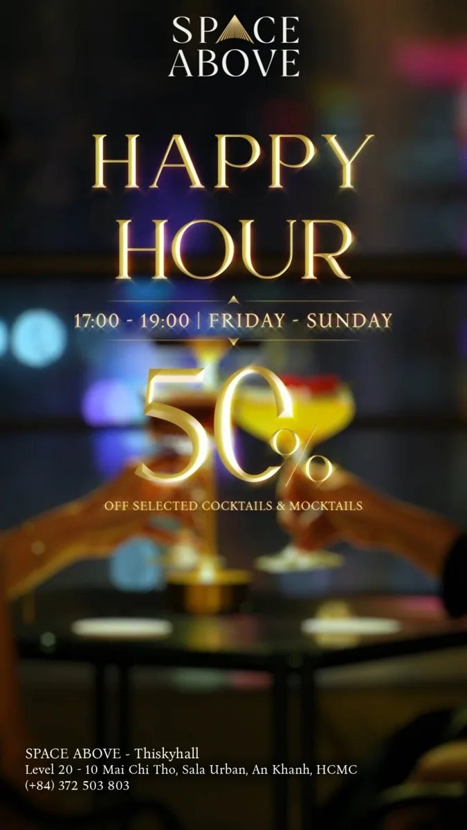 Space Above Happy Hour poster: Friday–Sunday 17:00–19:00, 50% off selected cocktails and mocktails.
