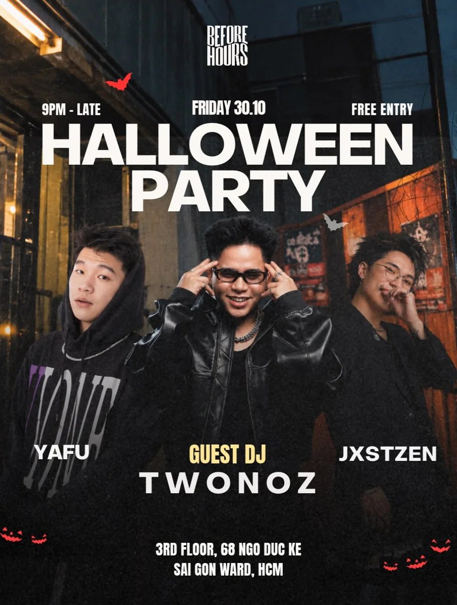 Before Hours Halloween Party poster showing Yafu, guest DJ Twonoz and Jxstzen, Friday 30 October at 9pm