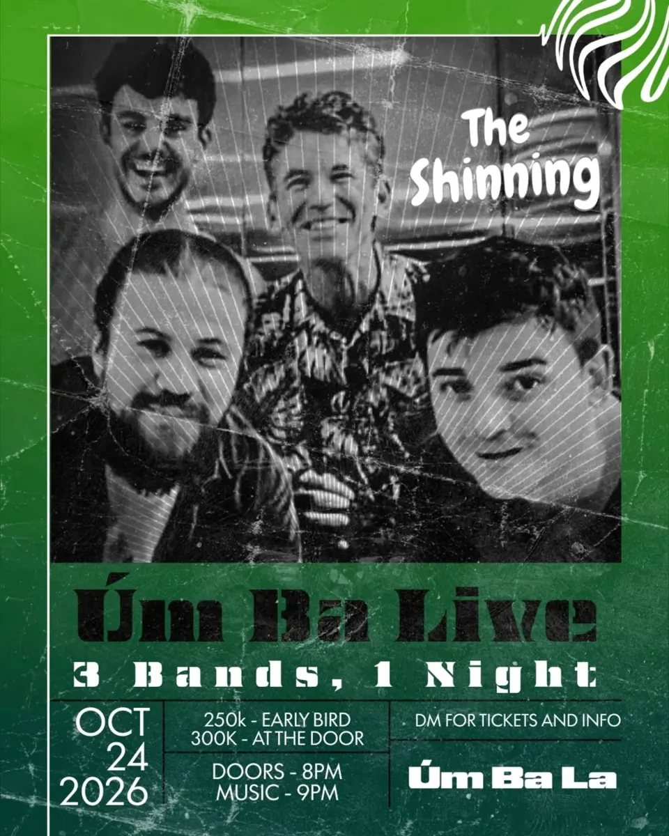 The Shinning band photo - four band members in black and white portrait used in Um Ba Live event poster