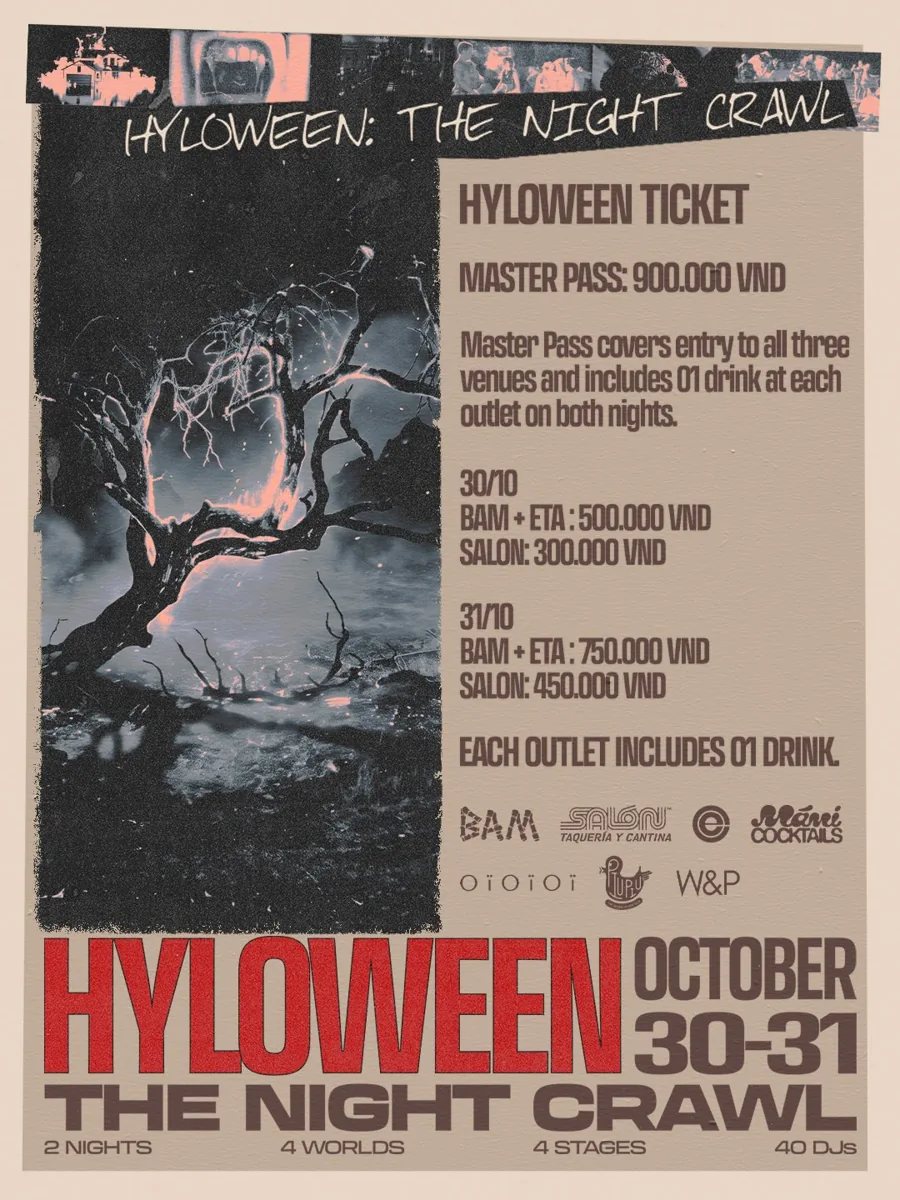HYLOWEEN ticket poster for 30–31 October: BAM and ETA combined GA, Salon GA, and a three-venue Master Pass with stated drink inclusions.