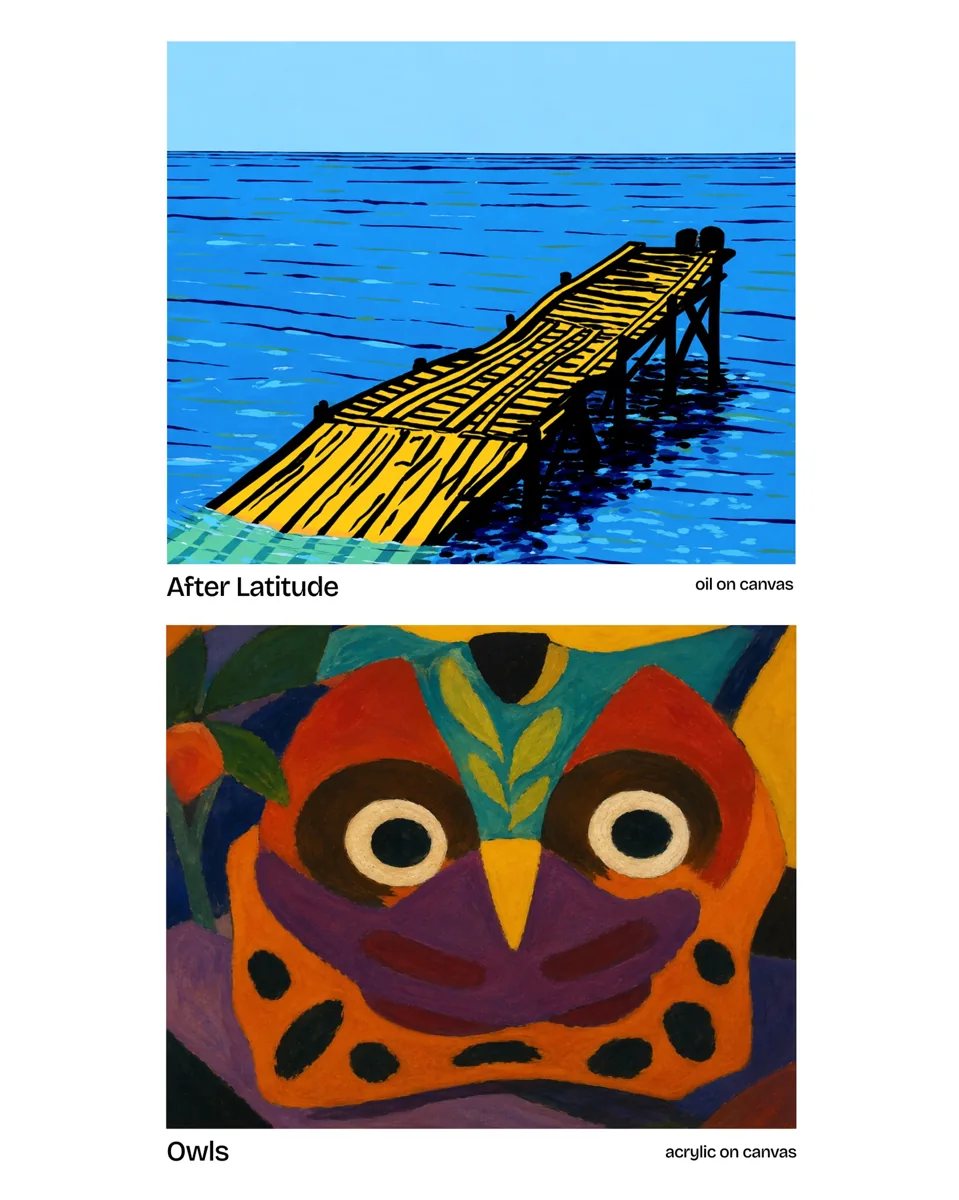 Two artworks from the joint exhibition at SOMA: top is 'After Latitude' by Tom Smith (oil on canvas, bold graphic seascape with yellow wooden dock on blue water); bottom is 'Owls' by Irene Madriaga Smith and Tom Smith (acrylic on canvas, colorful tribal-style owl face in orange, red, blue and yellow inspired by indigenous Philippine art)