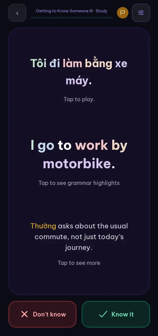 A flashcard with a Southern Vietnamese sentence and its English meaning