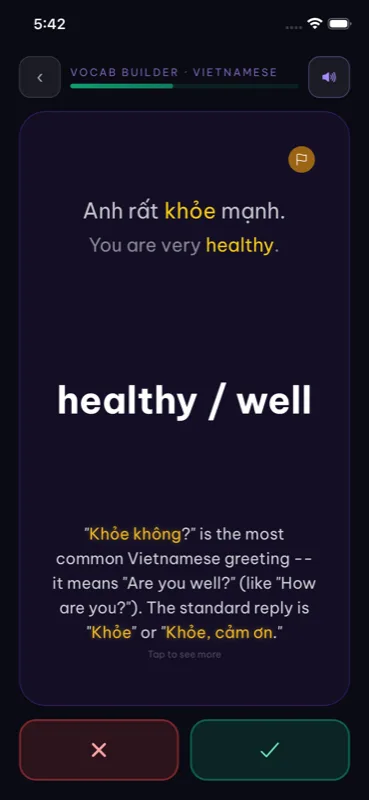 Flashcard back showing khỏe with example sentence and cultural greeting notes