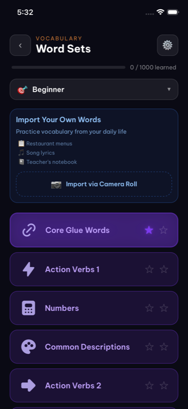 Vocabulary word sets organized by theme